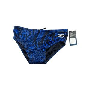 NWT Speedo Endurance Swim Briefs Blue Black Abstract Print Size 32